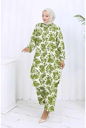 sefamerve Patterned Tunic Trousers Double Set 0126-02 Khaki