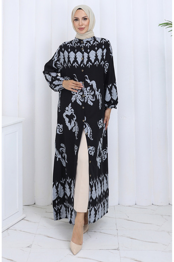 sefamerve Patterned Buttoned Dress 2125-05 Gray Black