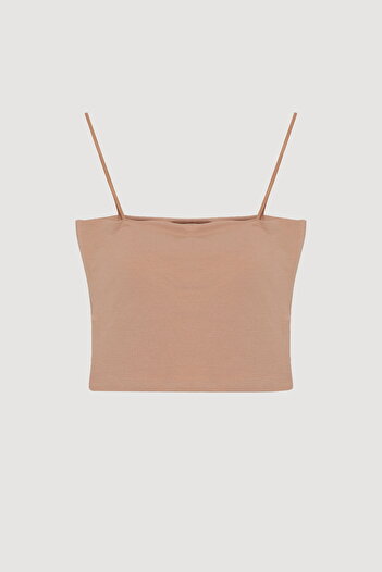 Quzu Basic Crop Tank Top with Rope Strap Beige