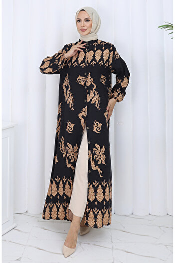 sefamerve Patterned buttoned dress 2125-01 black beige