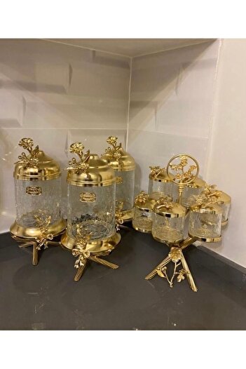 AZADE BAKIR Gold Rice Japongul Footed Luxury 3-Piece Jar and Midi 6-Piece Glass Spice Set of 2