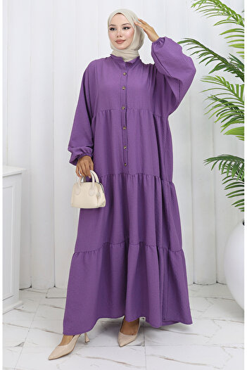sefamerve Seersucker Fabric Half Button Dress 2131-04 Lilac