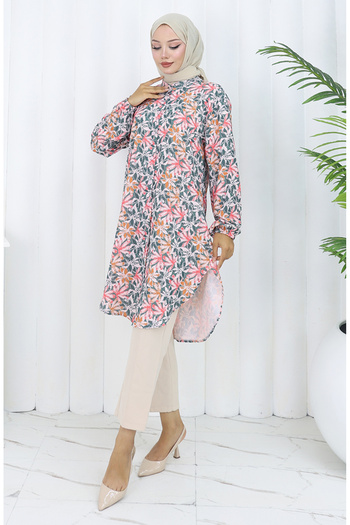 sefamerve Plus Size Floral Patterned Tunic 3024-03 Green