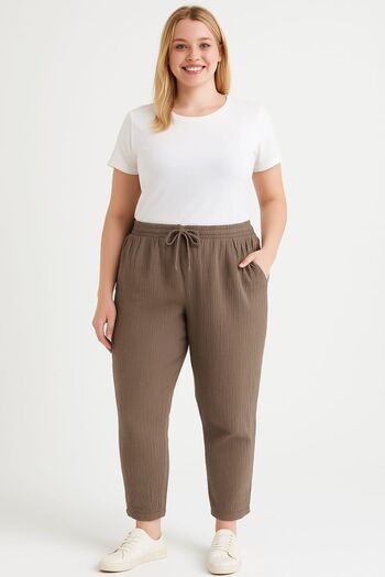 enmodaiçgiyim Brown Plus Size 100% Cotton Muslin Fabric Women's Trousers – Narrow Leg, Pockets, Comfortable Fit