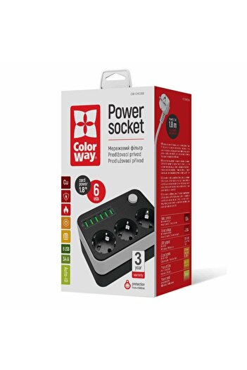 ColorWay Prelungitor priza 3xEU 220V, 6xUSB, ColorWay, 1.8m, On/Off buton