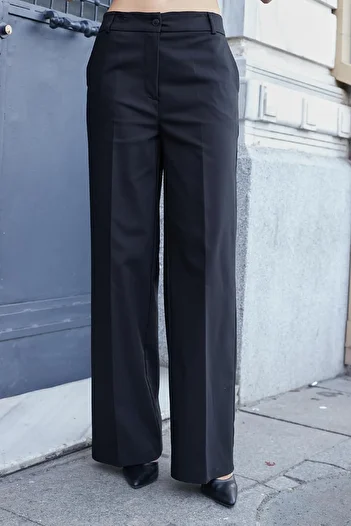 Jument Women's High Waist Side Pockets Wide Leg Relaxed Fit Palazzo Fabric Pants-Black