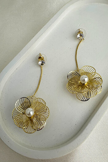 Modex Gold Color Pearl Detail Dangle Double Sided Wire Clover Earrings (7cm)