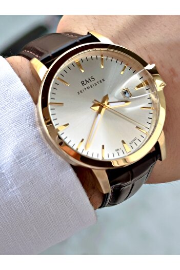 Romanson Special Design Leather Cord Brown-Gold Color Steel Case Men Wrist Watch 1447.05Mr