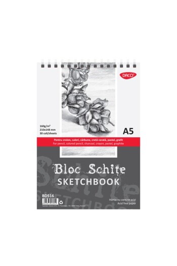 daço Bloc de schițe A5, Greutate hârtie 160 g/mp, 30 de coli, Material hârtie