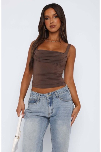 World Fashion Trends Wft3036B Brown Crop Blouse with Gathered Front and Straps