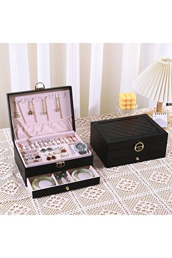 gaman Two Tier Jewelry Box with 1 Drawer - Large Capacity, Necklace, Earring, Ring and Watch Organizer