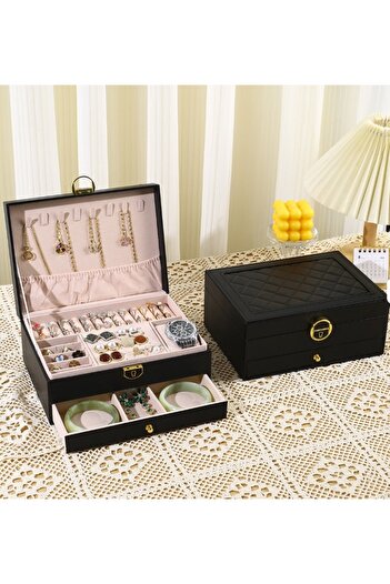 Arzu Güzel Cosmetics Pu Leather Covered Soft Inner Lining Drawers Lockable Multi-Compartment Jewelry Storage Box Organizer