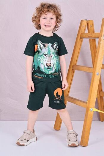 Bambam Boy's Wolf Printed Shorts Suit - Green Summer