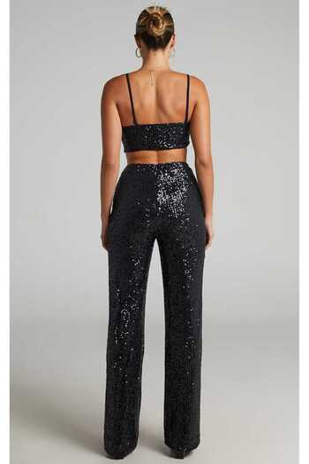 AFR CLOTHES Women's Black Sequence Double Set