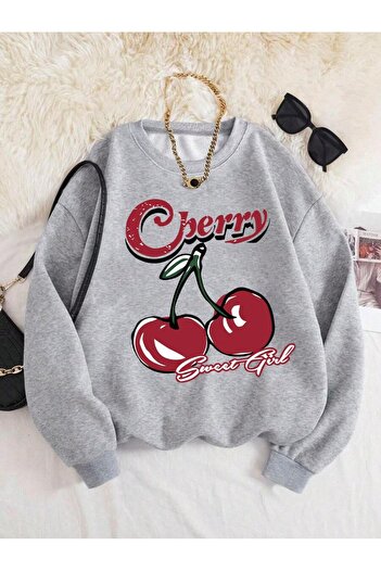 uyguntarz Unisex Sweet Girl Cherry Printed Oversize Sweatshirt