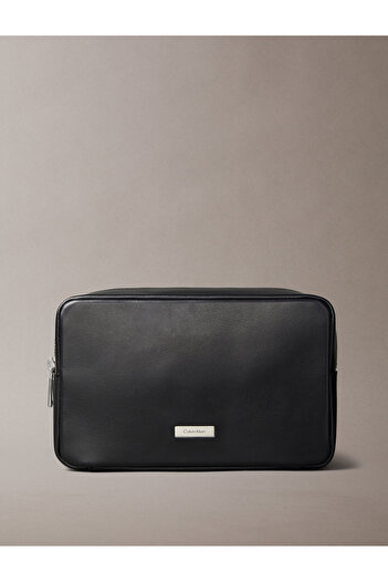 Calvin Klein Men Black Full Grain Leather Wash Bag