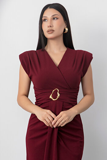 PULLIMM Double Breasted Collar Shoulder Padded Buckle Dress Ny3003