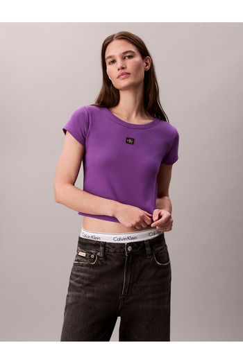 Calvin Klein Women Smokey Shadow Slim Fit Ribbed Cotton Badge T-shirt