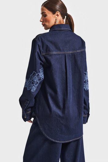 its basic Γυναικείο παλτό τζιν Indigo Blue Color 7w5-50 Oversize Flower Κεντημένο Ειδικού Σχεδιασμού