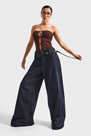 its basic Women's Dark Denim Color 2W5-128 Super Palazzo Fit 100% Cotton Belt Detailed Inner Size 83cm Denim Jean