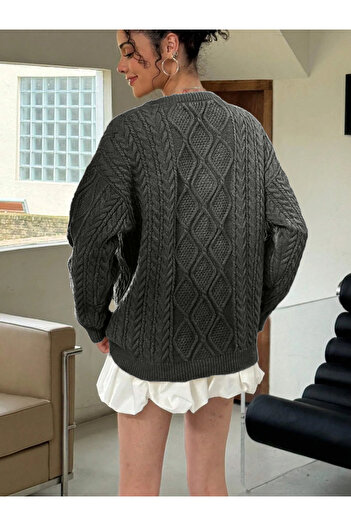 AQE FASHION Women's Comfortable Fit Hair Knitted Patterned Crew Neck Casual Winter Anthracite Knitwear Sweater