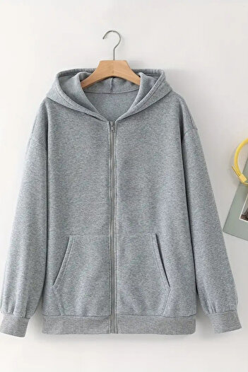 CLAYES Unisex Gray Hooded Zippered Cardigan – Basic, Thick Fabric with Raised Pattern
