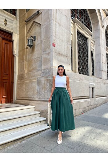 KÜÇÜĞÜM BUTİK Emerald Green Flared Poplin Skirt