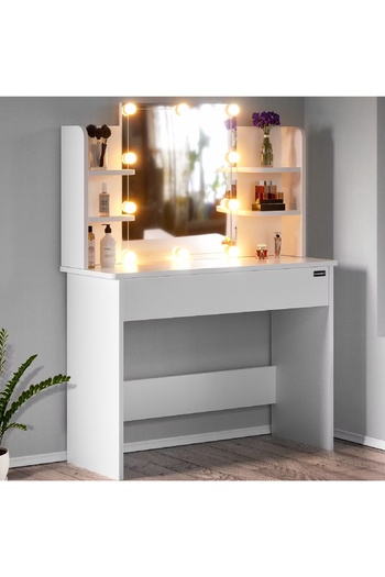 Casaria Masă de toaletă pentru machiaj, Casaria, cu sertar și rafturi, 140x110x40cm, iluminare LED, albă