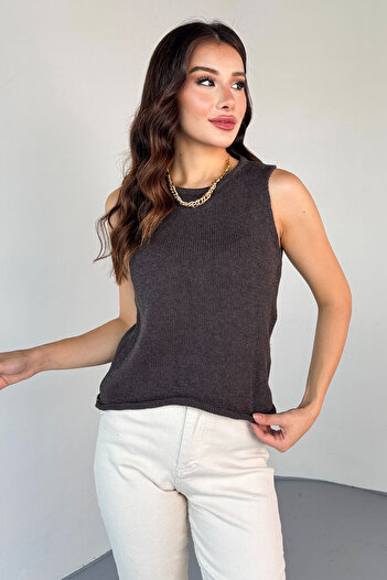 Cappmoda Tkm-13333 Brown V-Neck Pocket Button Detailed Vest & Seasonal Knitwear Double Set