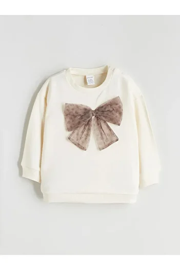 LC Waikiki Lcw Babyecru Crew Neck Ribbon Detailed Baby Girl Sweatshirt and Leggings 2-Piece