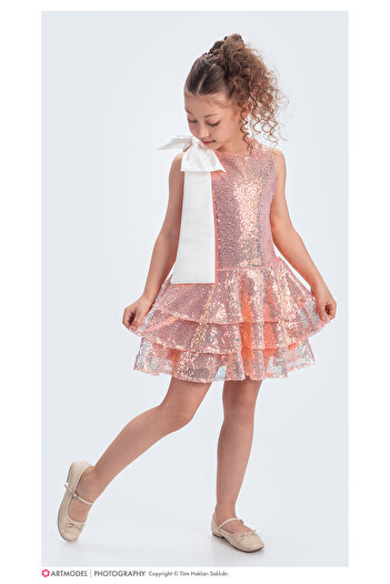 ABİYEKİDS Sequin Sequined Folded Shoulder Ribbon Detailed Style Children's Evening Dress Aby196