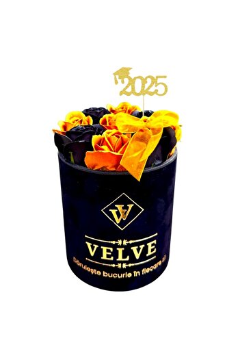 velve Aranjament floral VLV, cu 9 trandafiri de sapun, in cutie neagra si catifea, Gold-Negru