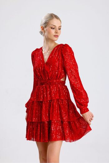 maf collection Women's Red Back Low-Cut Mini Sequin Sequin Evening Dress Homecoming Dress