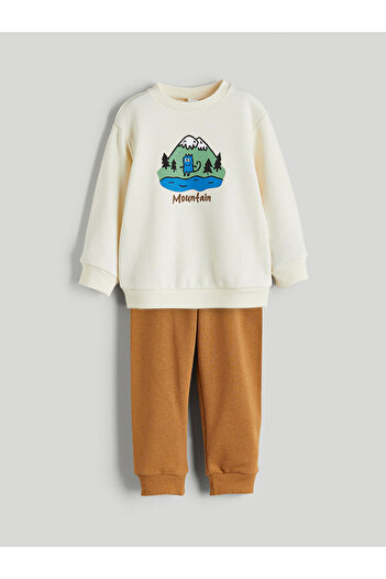 LC Waikiki Beige Printed Boy's Sweatshirt and Sweatpants Set of 2
