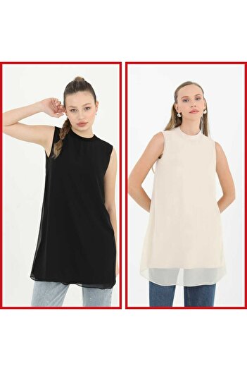 Puane Women's Black-Ecru Colored 2-Piece Sleeveless Underwear Tunic with Chiffon Detail on the Front
