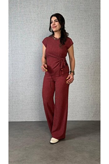 JANES Women's Short Sleeve Crew Neck Side Tie Wrinkle Blouse and Trousers Double Suit