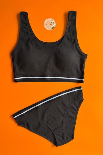 Elosia White Line |   Camisole Cotton Fabric Black Color Bra and Panty Set