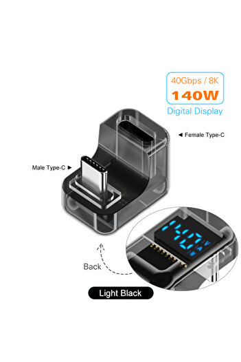 Choice U Light Black 140W 90 Degree USB C Adapter Right Angle U Shape USB4 Type C Adapter 40Gbps with LED D