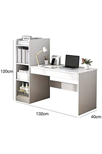 sharpdo Sharbedo Home Office Desk with Open Storage Shelves, 132×40×120 cm, White