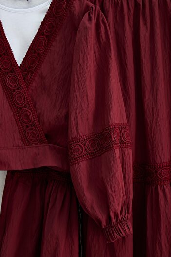 Modamorfo Lace Detailed Tie-Up Sleeve Elastic Waist Skirt Suit - Burgundy