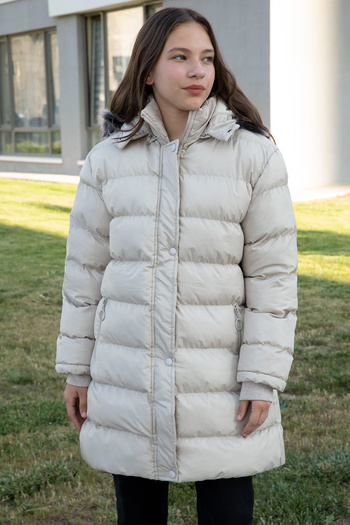 Cansın Mini Krem İçi Kürklü Çıtçıtlı Kapüşonlu Kız Çocuk Şişme Mont 21316