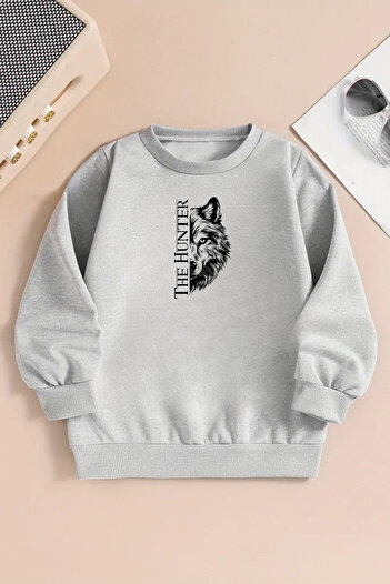 Sweetline Unisex the Hunter Printed Gray Crew Neck Sweatshirt-Winter Embossed Fabric