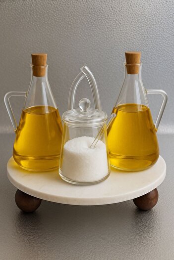 Reoona Borosilicate Glass Glazzy Oil & Salt Shaker with Marble Stand Elegant Kitchen Set of 3