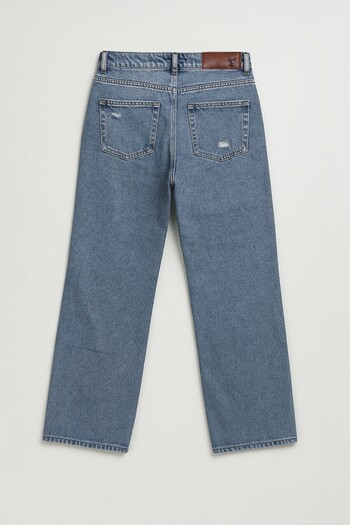 Bluewhite Women's High Waist Wide Leg Ripped Detailed Ice Blue Jean Trousers