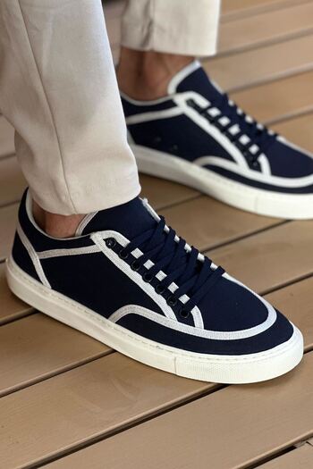 pabucmarketi Linen Lace-Up Men's Casual Shoes Navy Blue White