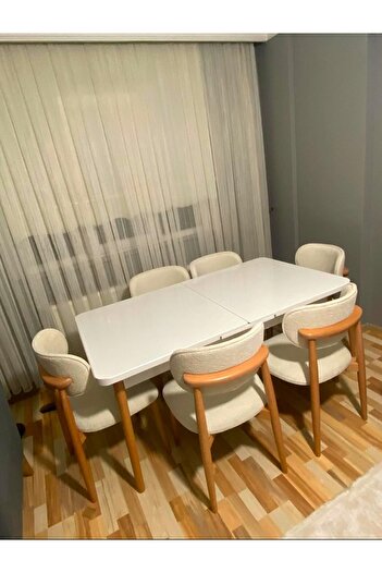asaella mobilya Terra Ligna Beyaz 80x132 Açılabilir Mdf Masa Yemek Odası Takımı, Mutfak Takımı 6 Adet Sandalye
