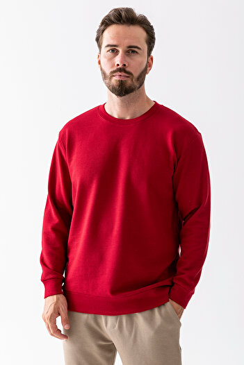 JB John Borners Men's Crew Neck Textured 100% Cotton Sweatshirt Claret Red - 25K 1010