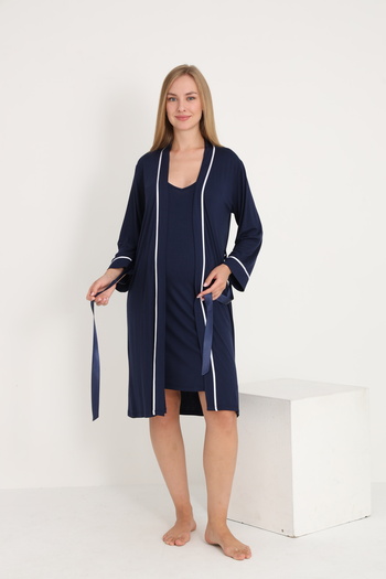 Miss Dünya Lissa Stripe Detailed Midi Length Strap Maternity and Postpartum Dressing Gown Nightgown Set