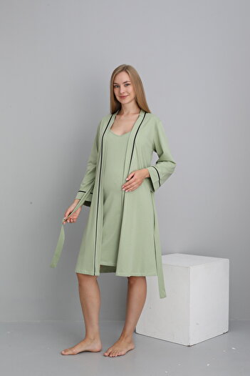 Miss Dünya Lissa Stripe Detailed Midi Length Strap Maternity and Postpartum Dressing Gown Nightgown Set