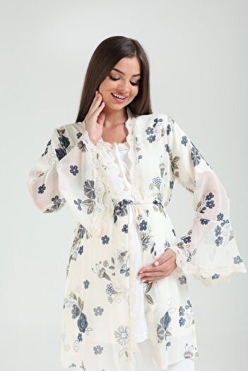 Pelin Women's Ecru Patterned Lace Detailed Maternity Maternity 3-Piece Pajama Set